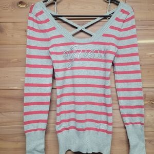 Guess Women's V-Neck Sweater - Pink and Gray Stripes
